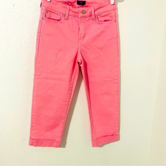 NYDJ Sz 4 Lift Tuck Technology Pink Stretch Crop Jeans Embellished Cuffs NWOT - Picture 2 of 11